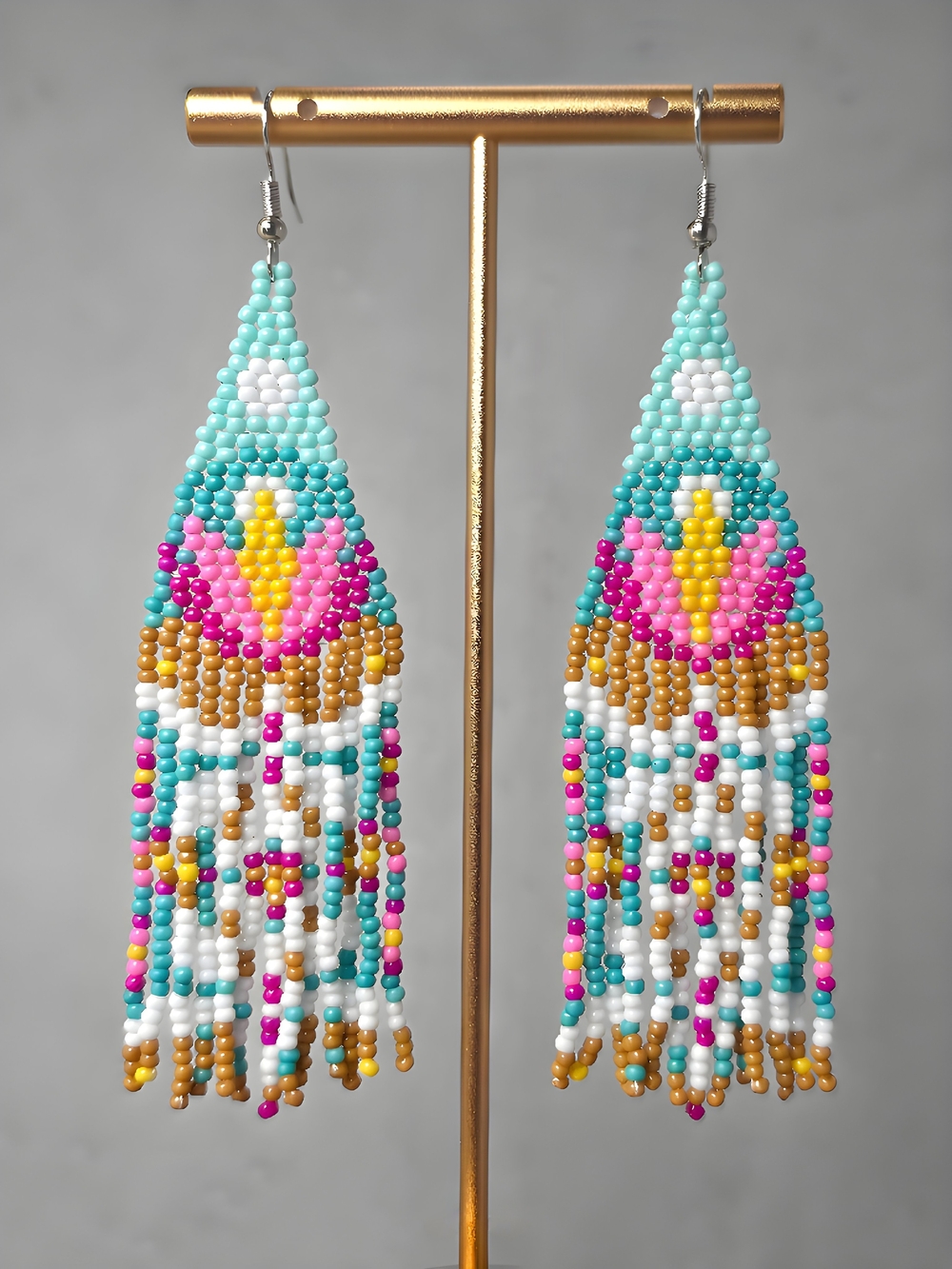 Lotus Floral Boho Fringe Beaded Earrings Cottagecore Seed Bead - Turquoise